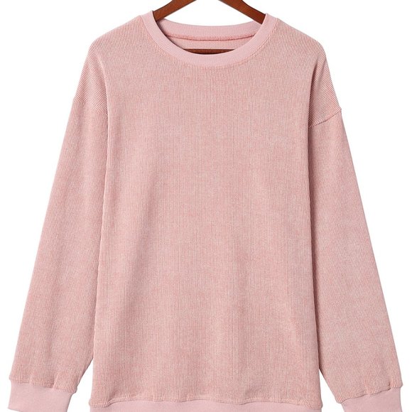 Cali Chic Women Sweatshirt Pink Solid Ribbed Knit Round Neck Pullover - Picture 5 of 10